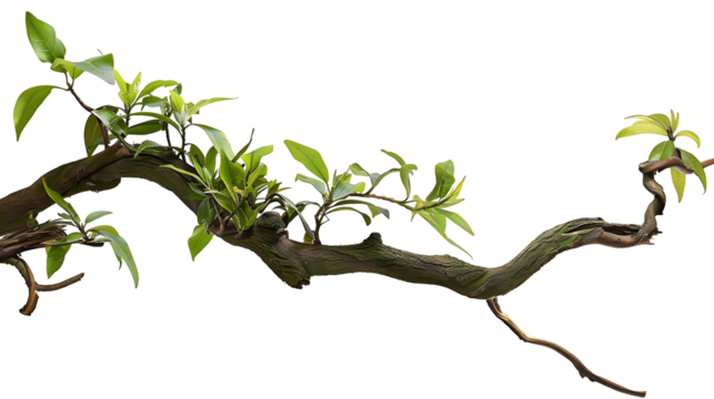 Realistic Jungle Branch with Plant Growth on Transparent Background