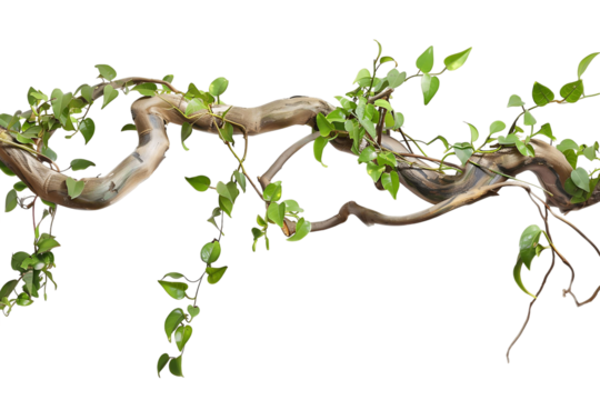 Twisted Jungle Branch with Greenery on Transparent Background