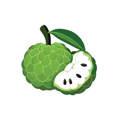 Sugar apple or custard apple with green leaves, isolated on white background