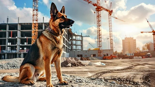 A guard dog trained for security purposes patrolling the construction site with a handler.