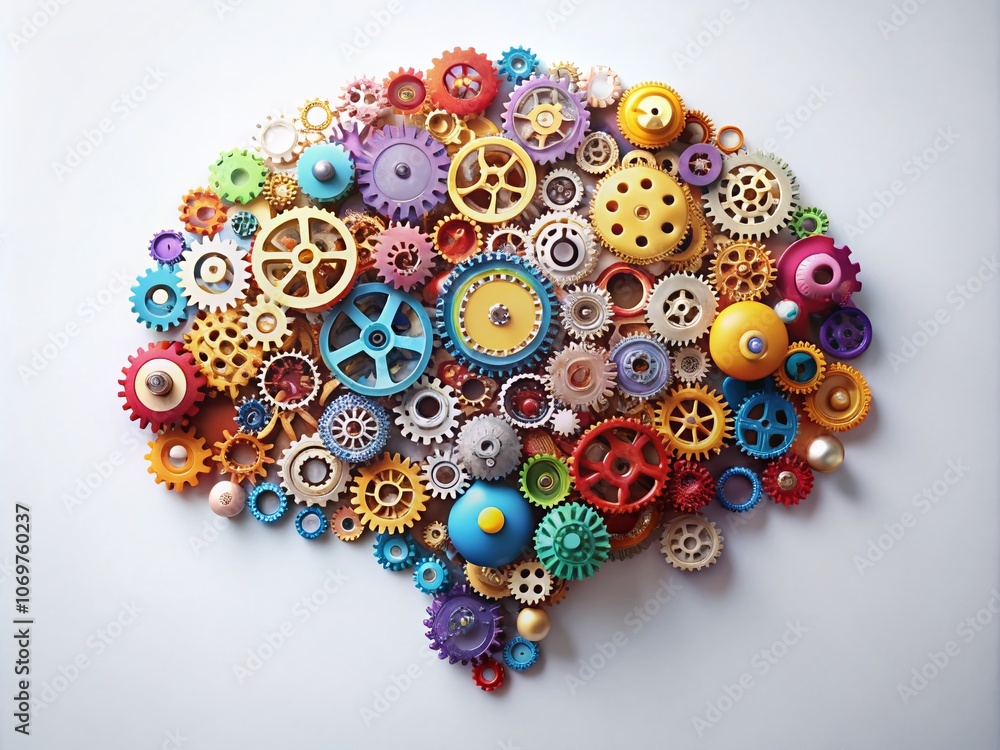 Poster intricate brain gears: a colorful minimalist representation of cognitive functionality surrounded by