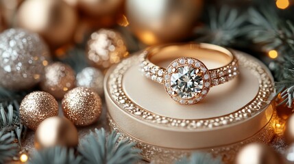 Fototapeta premium A beautiful diamond ring in a box, surrounded by Christmas ornaments and pine branches.