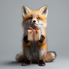 Obraz premium Festive fox holding a gift-wrapped present with a colorful bow isolated on a neutral background