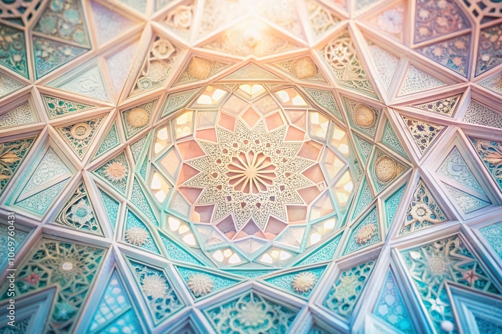 Poster intricate geometric patterns in soft pastels creating an ethereal backdrop of elegance and subtlety 