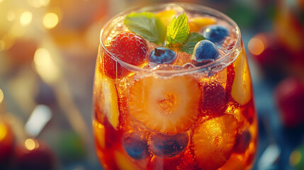 Fototapeta premium Vibrant fruit punch with berries and citrus in a glass garnished with mint on a sunny day