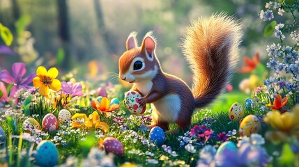 Naklejka premium Cute Squirrel with Easter Eggs