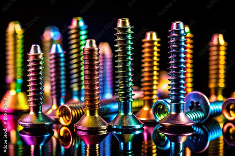 Poster intricate silhouette of screws on a black background captured in macro photography for precision eng