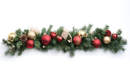 Christmas garland with red and gold ornaments, pine branches, and ribbons on a white background. PNG transparent