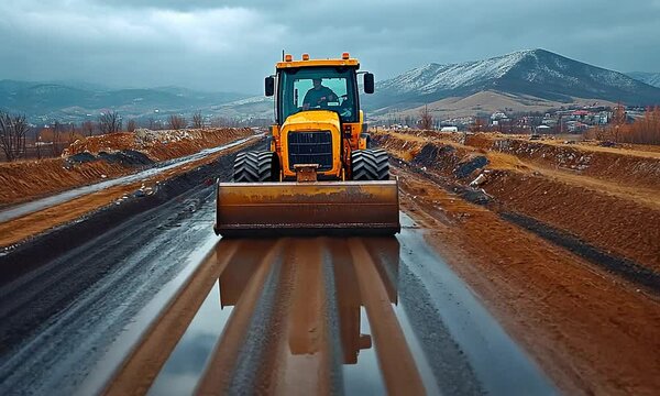 A yellow bulldozer on a muddy road in a mountainous landscape.