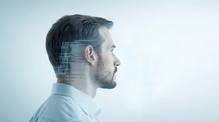 Cybernetic Man: A side profile portrait of a man with a translucent, digitized overlay of binary code superimposed on his head, suggesting a fusion of technology and human intellect.