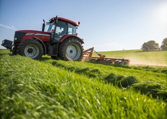 Large Red Tractor Efficiently Cutting Grass in a Lush Green Field for Hay Production, Showcasing Macro Photography Highlights of Agricultural Machinery and Rural Landscapes