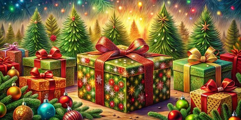 Linear Drawing of a Christmas Box Filled with Gifts Surrounded by Holiday Trees for Coloring, Perfect for Festive Fun and Relaxation, Emphasizing Intricate Details in Macro Photography