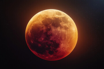 Obraz premium A red moon, with a gradient color from orange to dark brown. The background is a black sky