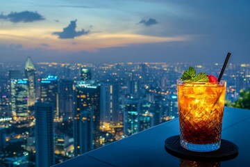 Naklejka premium Enjoying cocktail on rooftop bar with stunning kuala lumpur skyline view at sunset