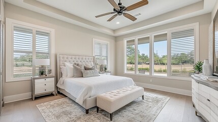 Modern Bedroom Interior Design with White Bed and Large Windows