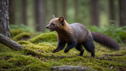 Fototapeta premium Dash Through the Clearing: A Pine Marten's Wild Chase