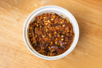 Shacha sauce or Chili lemongrass shacha sauce.  Shrimp shacha sauce, vietnamese satay chili sauce. Authentic Vietnamese Chili Sate Sauce (Satay Chili Oil) with Lemongrass and Garlic