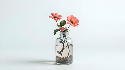 Obraz premium Minimalist Pink Flowers in Glass Vase with Water and Pebbles