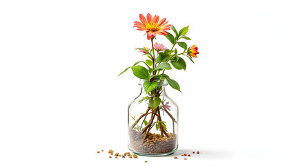 Obraz premium Blooming Flowers in a Glass Jar with Soil and Roots