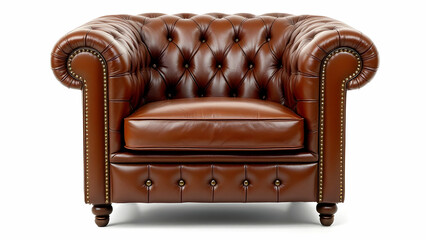 Elegant Brown Leather Chesterfield Armchair with Button Tufting and Wooden Legs