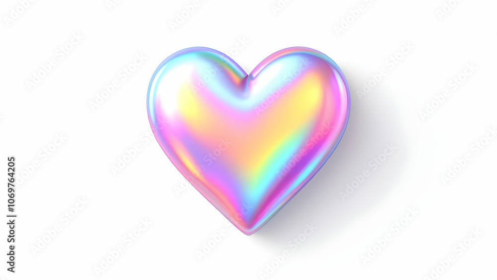 Poster a 3d rendering of a holographic heart shape on a white background. the heart is shiny and has a rain