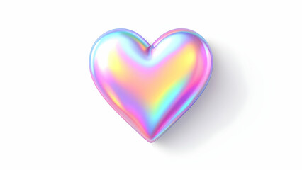 Fototapeta premium A 3D rendering of a holographic heart shape on a white background. The heart is shiny and has a rainbow effect.