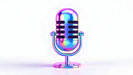 A classic, retrostyle microphone with a vibrant iridescent chrome finish stands on a white background, capturing the essence of vintage audio technology.