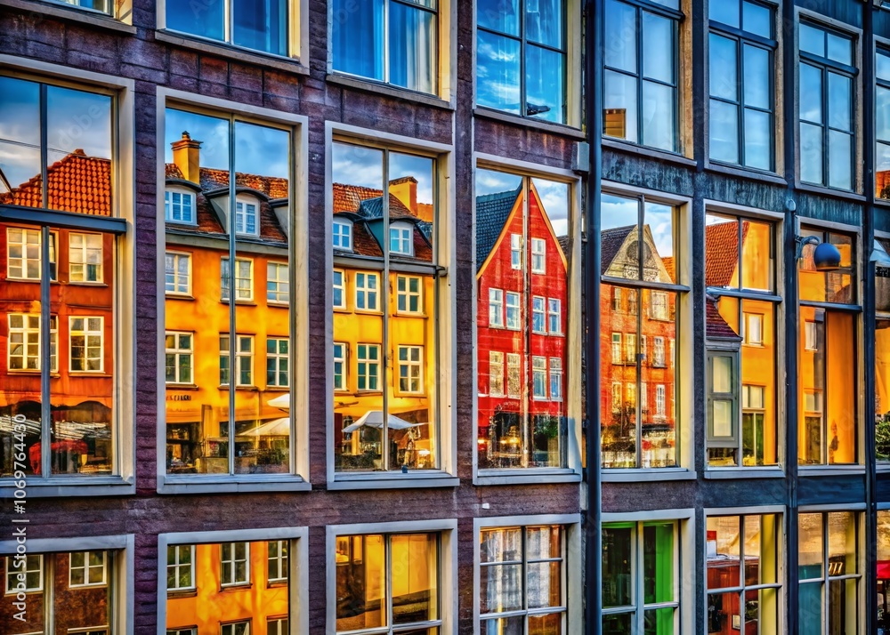 Poster macro photography of copenhagen's colorful windows showcasing architectural details and unique textu