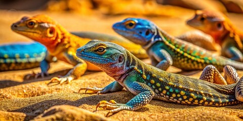 Obraz premium Macro Photography of Colorful Lizards Camouflaging on Golden Sands, Showcasing Intricate Textures and Vibrant Patterns in Their Natural Habitat Under Bright Sunlight