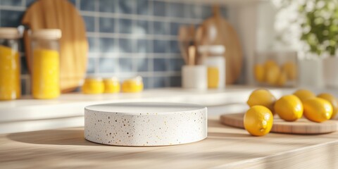 Sunlit Kitchen Mockup: A rustic-chic kitchen scene with a minimalist white podium, ready for product placement.  Fresh lemons and warm lighting create a bright and inviting atmosphere. 
