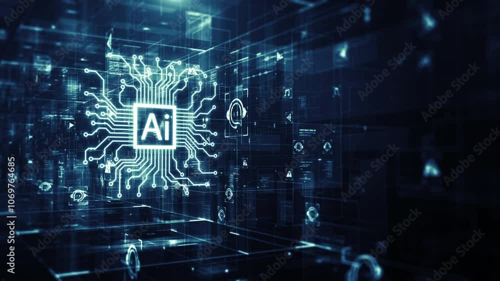 Poster digital illustration of an ai chatbot processor with intricate circuit lines on a blue background, s