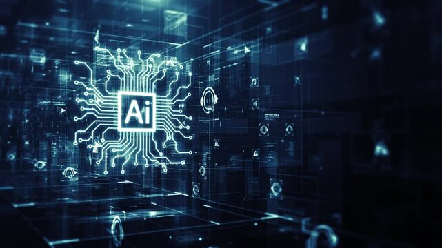 Digital illustration of an AI chatbot processor with intricate circuit lines on a blue background, symbolizing advanced technology, intelligent communication systems, and big data analytics.