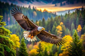 Obraz premium Majestic American Bald Eagle Soaring Above Lush Green Forest Landscape in Stunning Macro Photography, Capturing the Beauty of Nature and Wildlife in Flight