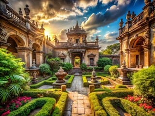Obraz premium Majestic Ancient Palace Surrounded by Lush Gardens and Historical Architecture, Capturing the Essence of a Bygone Era in Stunning Detail and Vivid Colors