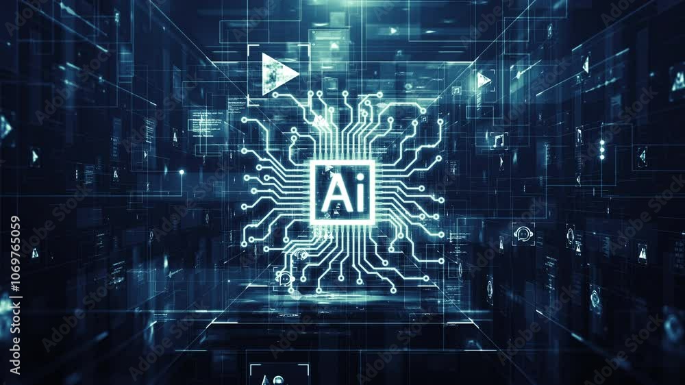 Poster digital illustration of an ai chatbot processor with intricate circuit lines on a blue background, s