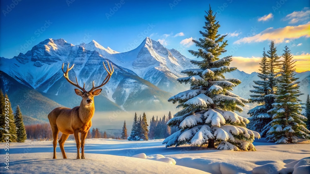 Poster majestic deer in a snowy landscape with spruce tree and mountain range in the background captured in