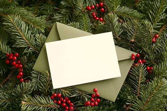A blank white card on top of an olive green envelope, surrounded by evergreen branches and red berries, creating a festive Christmas atmosphere. The card is empty