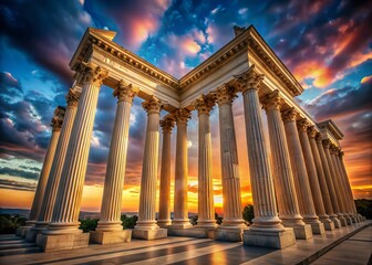 Obraz premium Majestic Long Exposure of Corinthian Pillars at Dusk with Soft Lighting and Dramatic Skies, Capturing Architectural Elegance and Historical Grandeur in a Timeless Setting