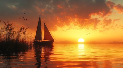 A sailboat glides across a calm lake at sunset, its silhouette outlined against the fiery sky. The sun, a glowing orb, sets behind distant hills as birds fly overhead.