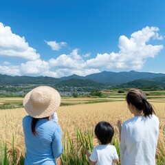Naklejka premium Japanese Family Enjoying a Visit to Rice Terraces