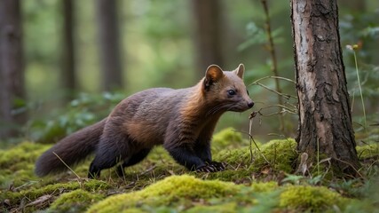 Fototapeta premium The Chase Unfolds: A Pine Marten in the Open Woods