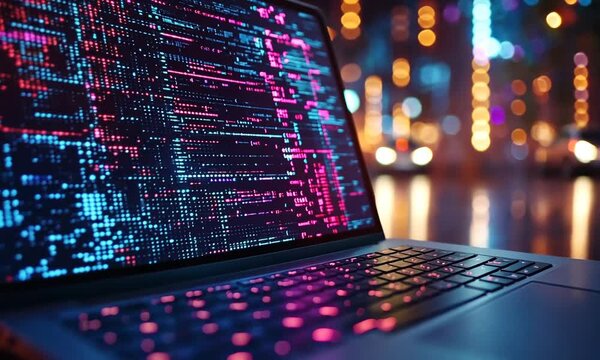 A laptop displaying colorful code against a blurred background.