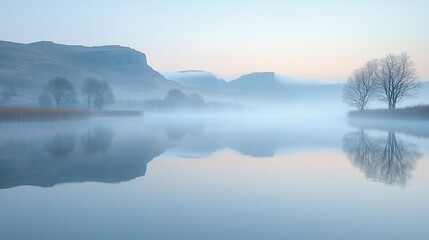 Fototapeta premium A misty lake with mountains in the background, reflecting in the still water at sunrise.