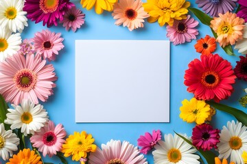 An empty white frame surrounded by colorful flowers on a blue background