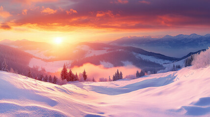 Serene pastel-colored winter landscape with sunlit snow-covered hills