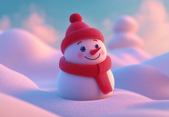 Cartoon Style Snowman with Red Hat and Scarf on Pastel Blue Sky, Christmas Theme