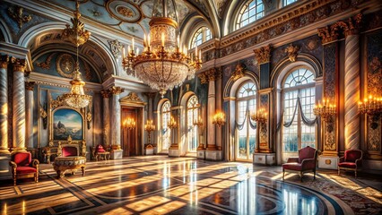 Obraz premium Majestic Throne Hall in a Grand Palace with Opulent Decor, Lavish Chandeliers, and Intricate Architecture Capturing Royal Elegance in an Enchanting Setting