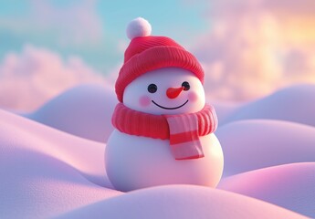 Cartoon Style Snowman with Red Hat and Scarf on Pastel Blue Sky, Christmas Theme