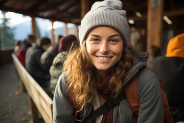 Fototapeta premium A young woman at a train station is happy and relaxed