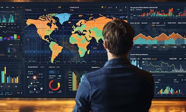 Person analyzing data on a large screen with world map visuals.